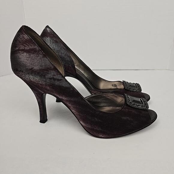 ANNE KLEIN FABRIC SATIN UPPERS Size 8.5 Plum OPEN TOE D'ORSAY STYLE SHOES - Picture 12 of 15